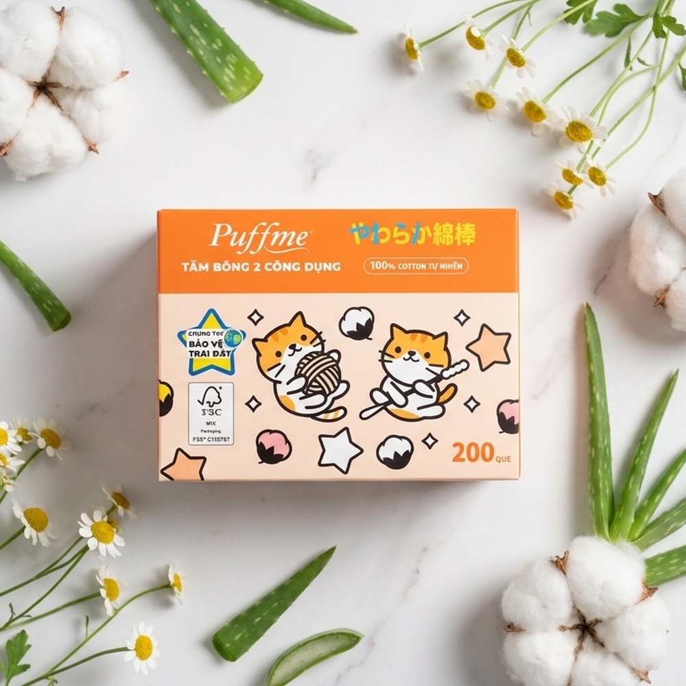 Vị Muối Phan - Tăm bông 2 công dụng PUFFME hộp 200 que - Vị Muối Phan
